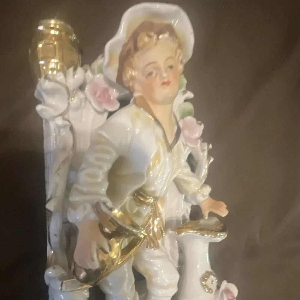 Vintage Porcelain Figurine Candle Holder Glossy White Gold Pink Floral